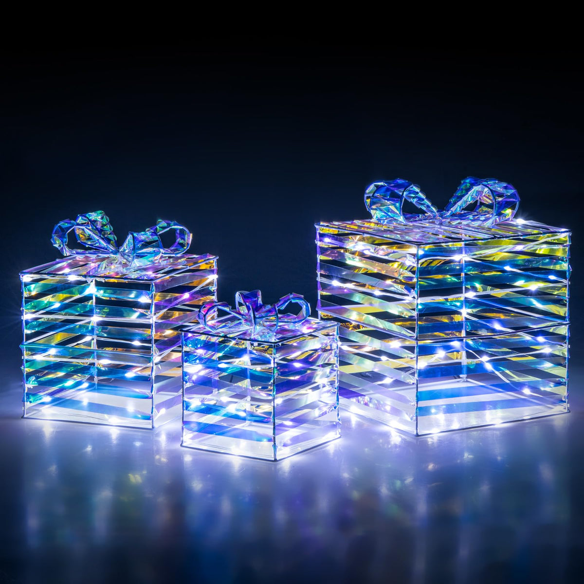 Lucktree 3 Pieces Christmas Lighted Gift Boxes, 90 LED Light up Present Boxes with Bows, Zip Ties & Ground Stakes