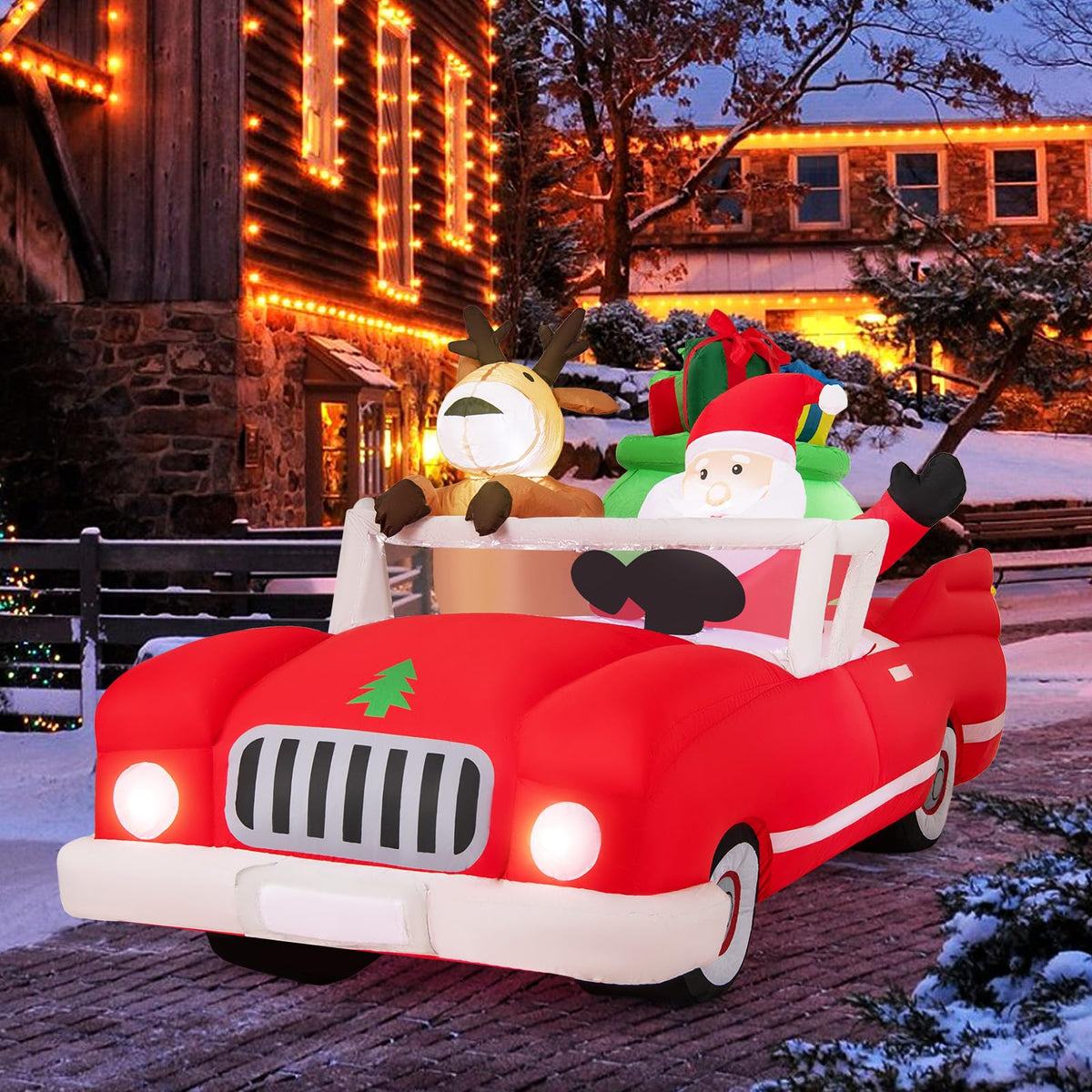 Lucktree 7.7 FT Long Lighted Xmas Inflatable Santa Claus & Reindeer Driving Red Car Gift Boxes