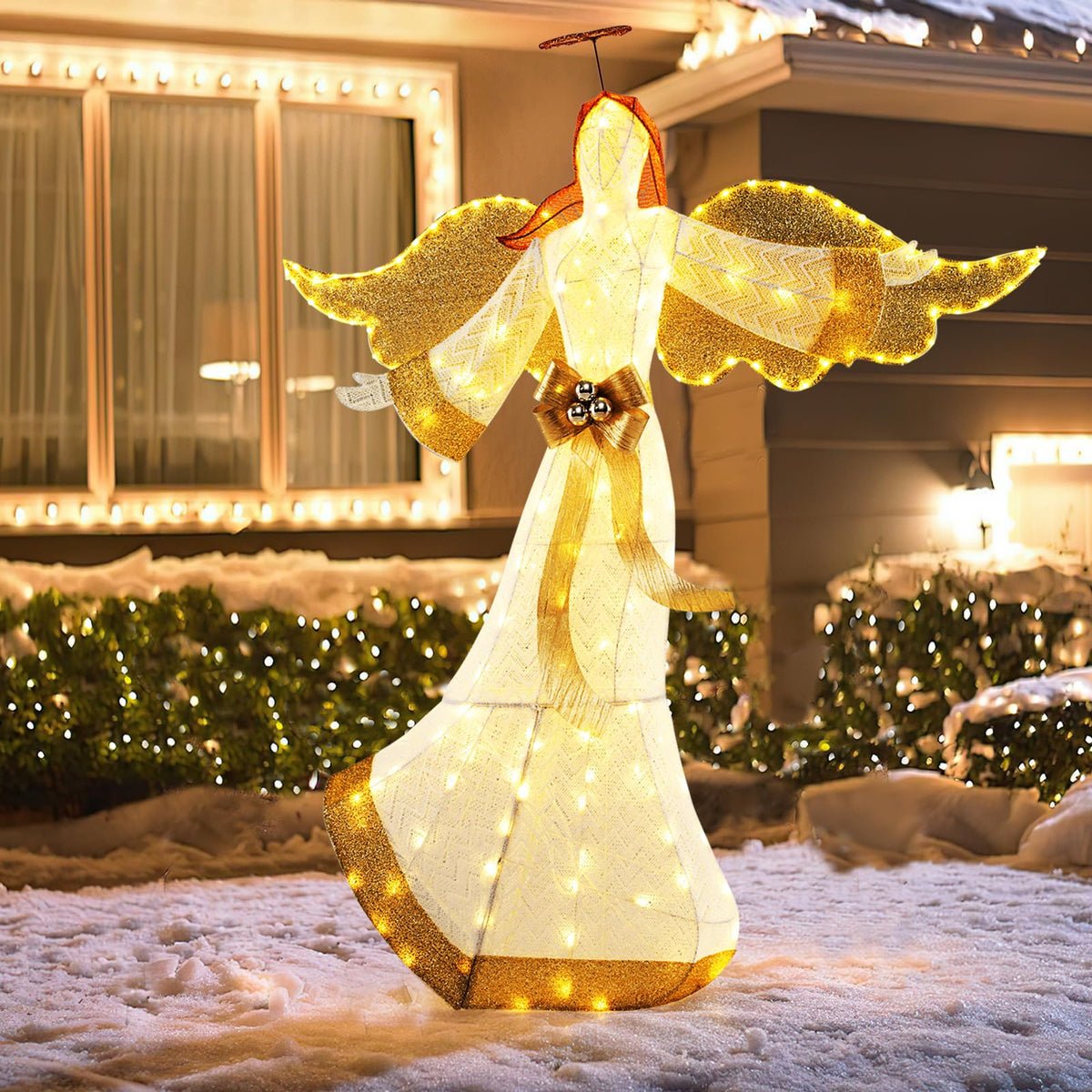 Lucktree 5.2 FT Christmas Lighted Angel, Pre-Lit Winged Holiday Figure Angel with180 Warm White LED Lights