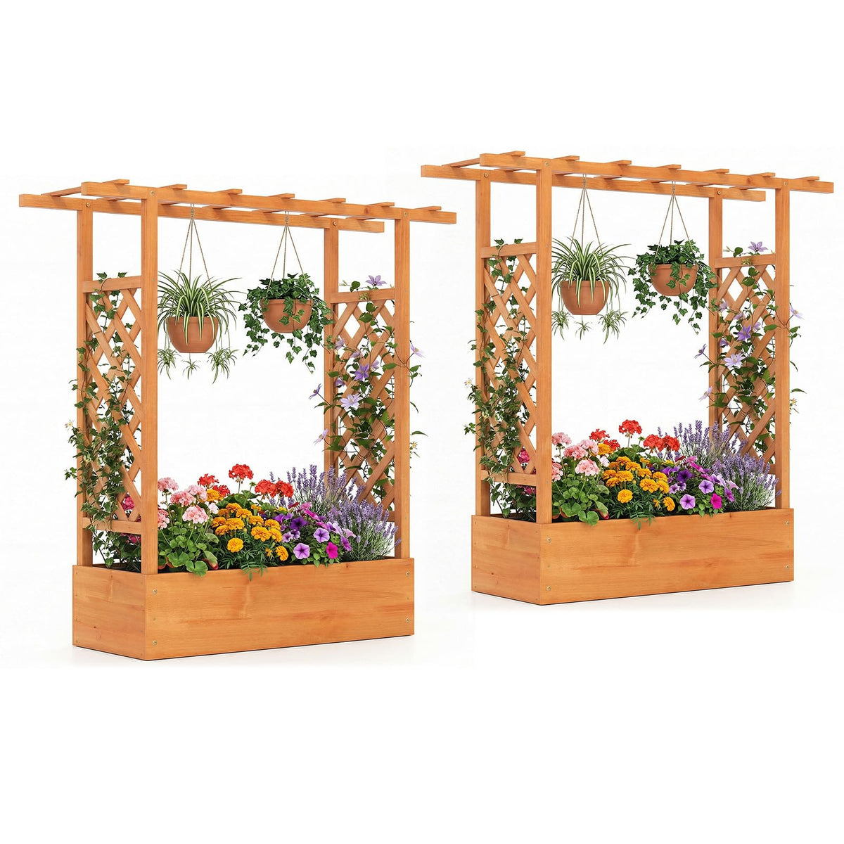 Lucktree Wooden Raised Garden Bed with Trellis & Hanging Roof