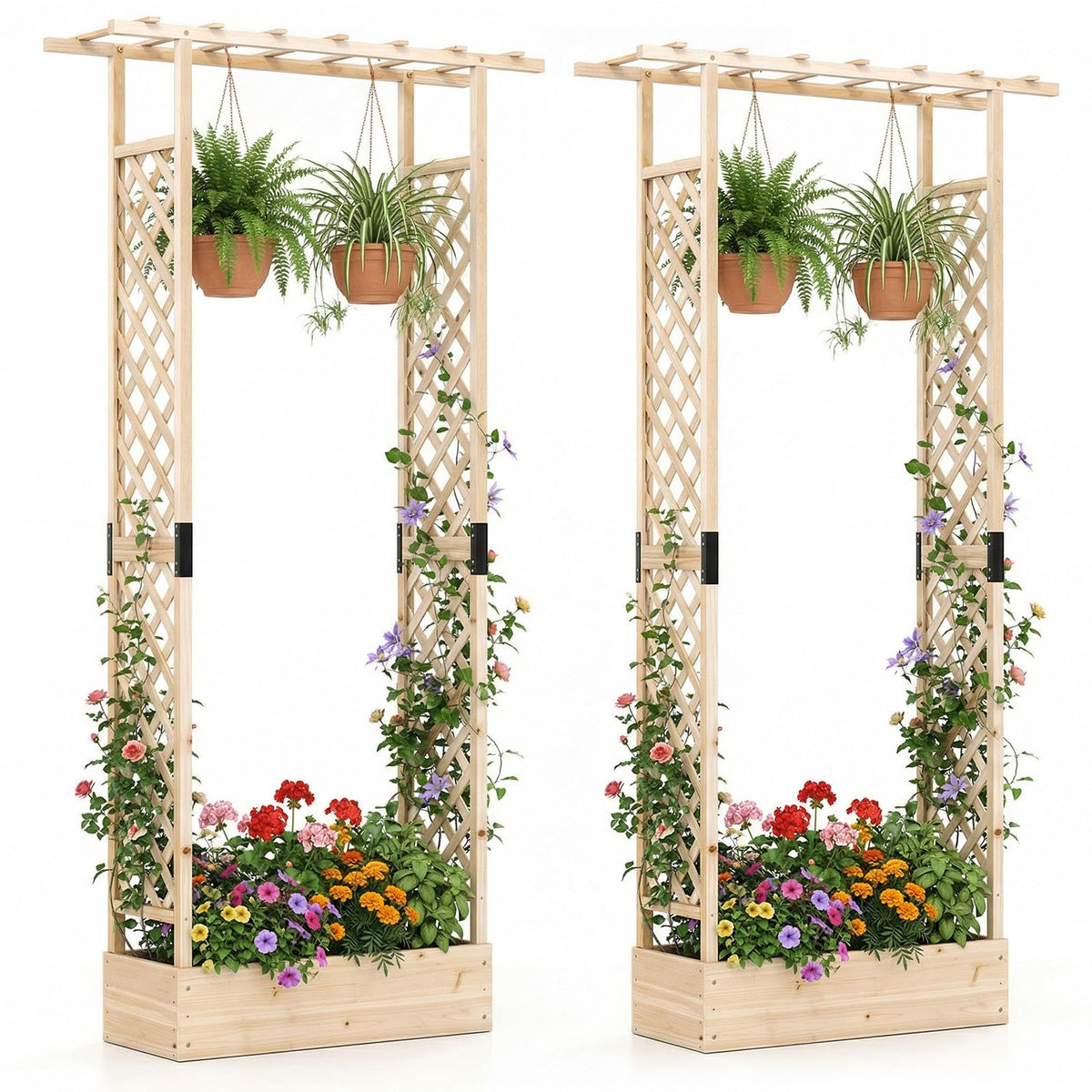 Lucktree Wooden Raised Garden Bed with Trellis & Hanging Roof