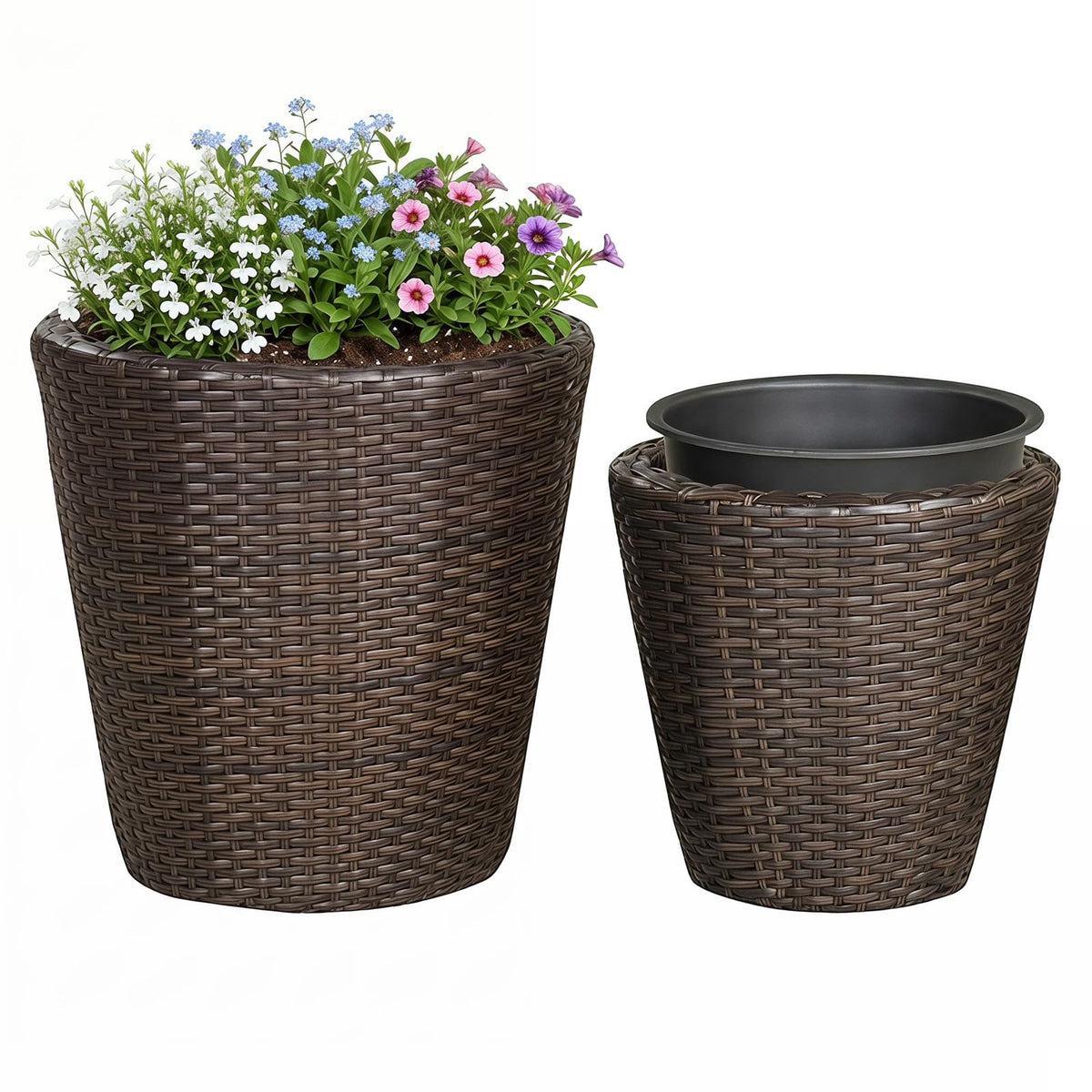 Lucktree Set of 2 Plastic Planters | 15 Inch & 11.5 Inch Taper Rattan Planters with Drainage Holes