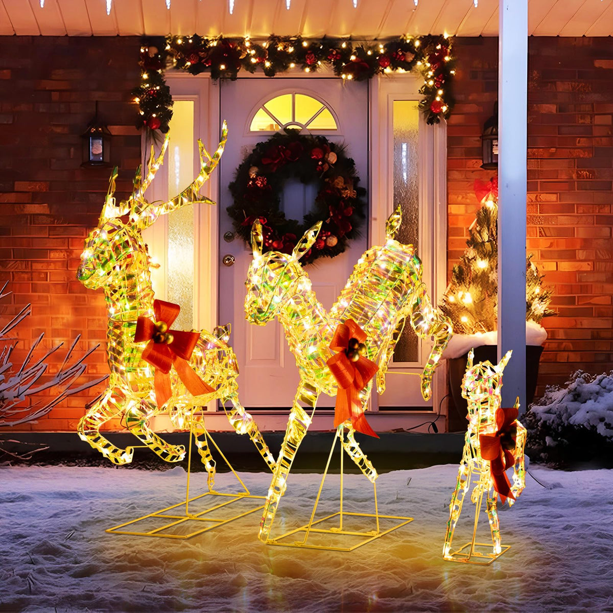 Lucktree Christmas Lighted Reindeer, Set of 3 Reindeer Decorations with LED Lights and Red Bows