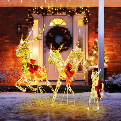 Lucktree Christmas Lighted Reindeer, Set of 3 Reindeer Decorations with LED Lights and Red Bows