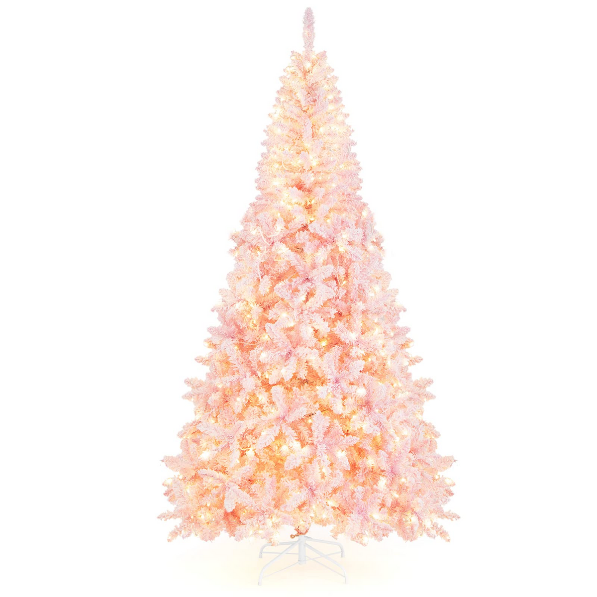 Lucktree 7.5ft Pink Pre-Lit Christmas Tree, Hinged Artificial Snow Flocked Xmas Tree with 1100 PVC Branch Tips, 450 LED Lights - LucktreeUS
