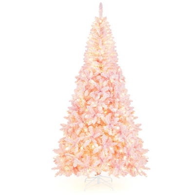 Lucktree 7.5ft Pink Pre-Lit Christmas Tree, Hinged Artificial Snow Flocked Xmas Tree with 1100 PVC Branch Tips, 450 LED Lights - LucktreeUS