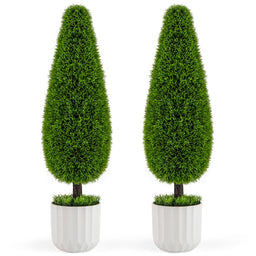 Lucktree 3ft Artificial Cedar Teardrop Shaped Topiary Tree, 2 Pack Faux Potted Plants with Plastic Nursery Pot