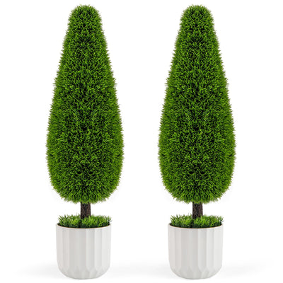 Lucktree 3ft Artificial Cedar Teardrop Shaped Topiary Tree, 2 Pack Faux Potted Plants with Plastic Nursery Pot