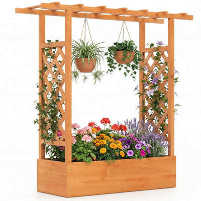 Lucktree Wooden Raised Garden Bed with Trellis & Hanging Roof