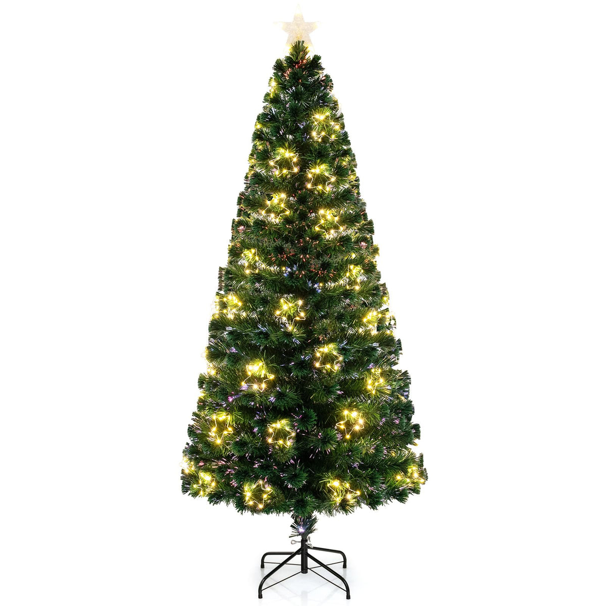 Lucktree 7ft Pre-Lit Fiber Optic Christmas Tree, Artificial Lighted Xmas Tree with 48 Warm-White Shape-Adjustable Star String Lights