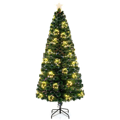 Lucktree 7ft Pre-Lit Fiber Optic Christmas Tree, Artificial Lighted Xmas Tree with 48 Warm-White Shape-Adjustable Star String Lights