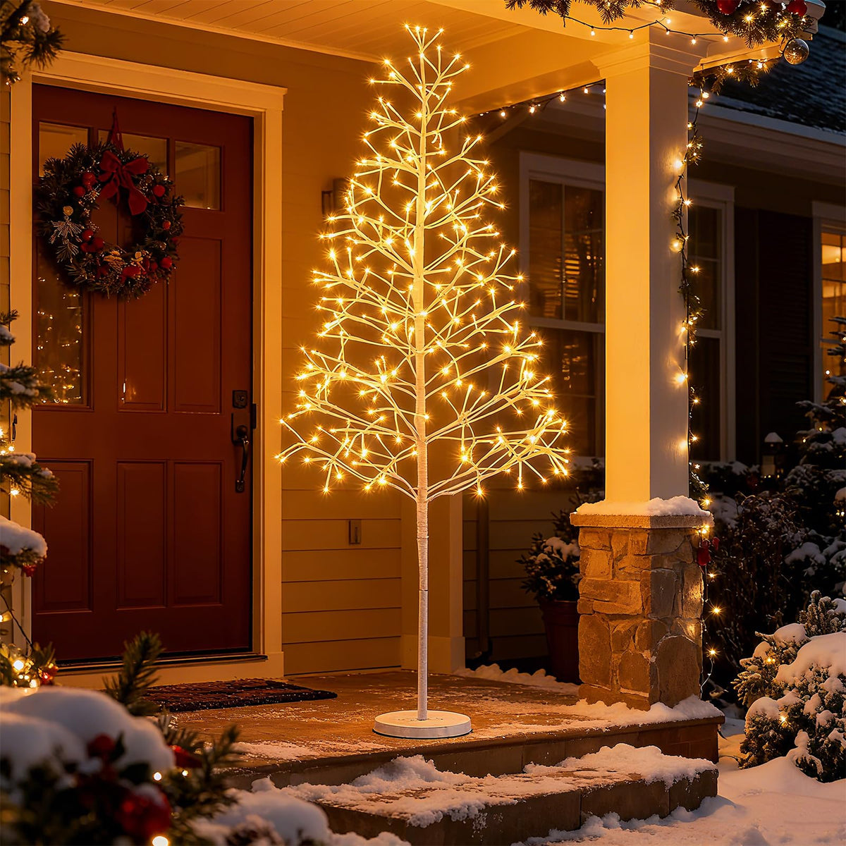 Lucktree LED Birch Tree, 5/6/7 FT Pre-lit Twig Tree with Warm White Light LED Lights, Weighted Base