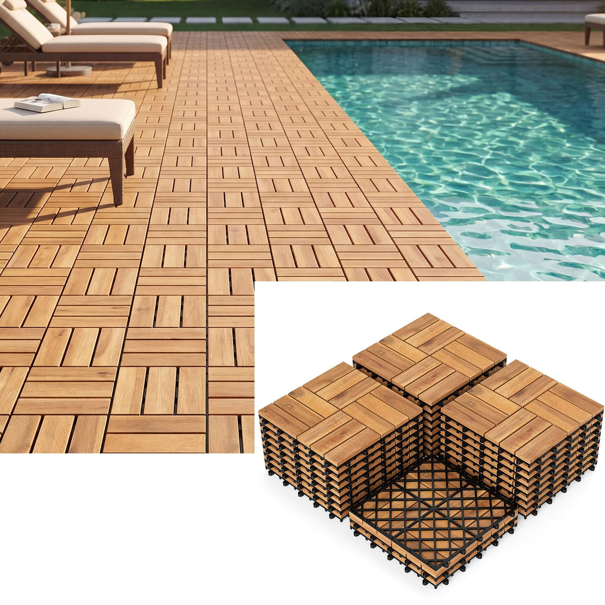 Lucktree 12" x 12" Interlocking Acacia Wood Deck Tiles