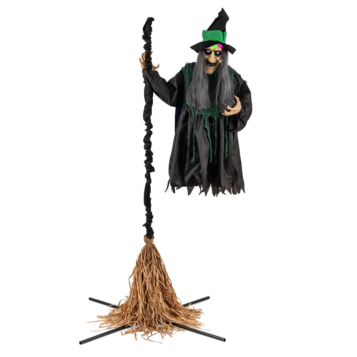 Lucktree Witch with Broomstick Halloween Animatronic, Life Size Animated Halloween Prop with Laughing and Screaming Sound