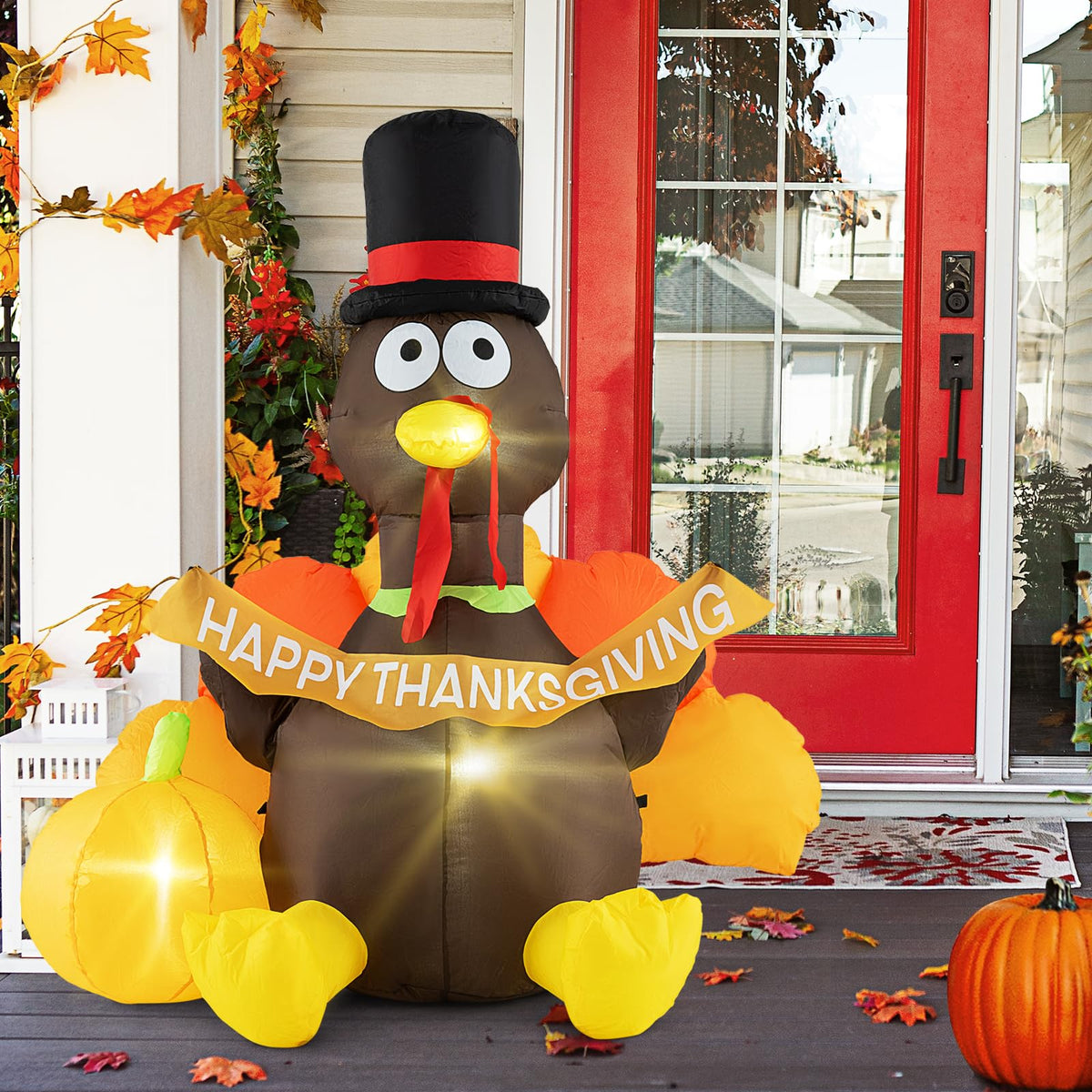 Lucktree 5 FT Thanksgiving Inflatable Turkey with Pumpkin, Blow up Decoration with LED Lights