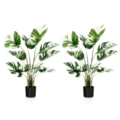 Lucktree 4ft Artificial Monstera Deliciosa Plant, 2 Pack Tall Fake Tropical Palm Tree in Pot with 10 Decorative Split Leaves
