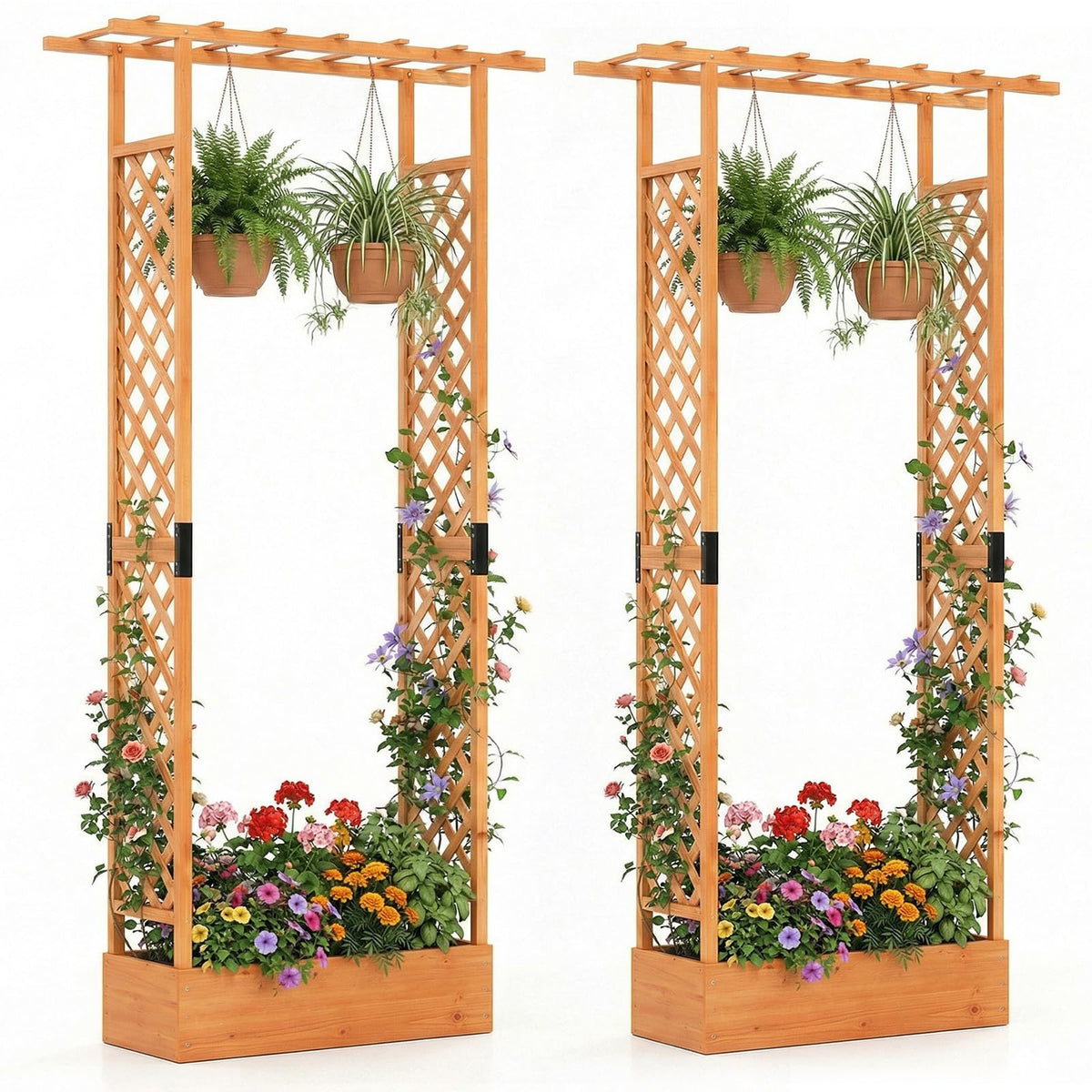 Lucktree Wooden Raised Garden Bed with Trellis & Hanging Roof