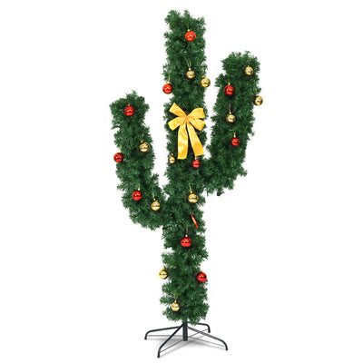 6ft Pre-Lit Artificial Cactus Christmas Tree with Sturdy Metal Stand, Artificial Xmas Tree with 90 LED Lights and Bowknot, Perfect for Home, Office, Shops and Hotels