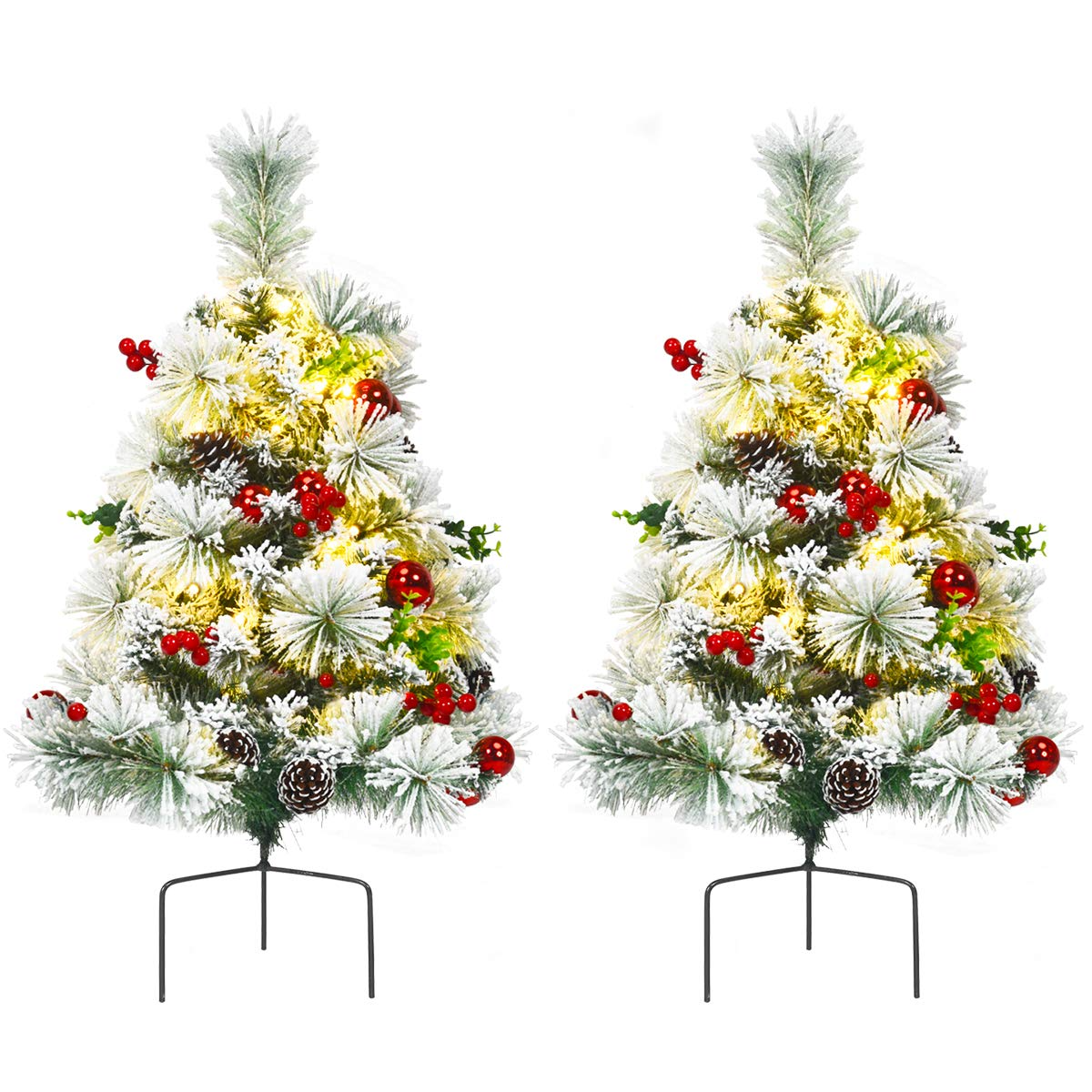 Lucktree 2FT Pathway Christmas Trees Set of 2, Pre-Lit Snow Flocked Xmas Trees with 30 Warm White LED Lights - LucktreeUS