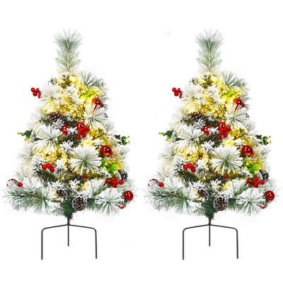 Lucktree 2FT Pathway Christmas Trees Set of 2, Pre-Lit Snow Flocked Xmas Trees with 30 Warm White LED Lights - LucktreeUS