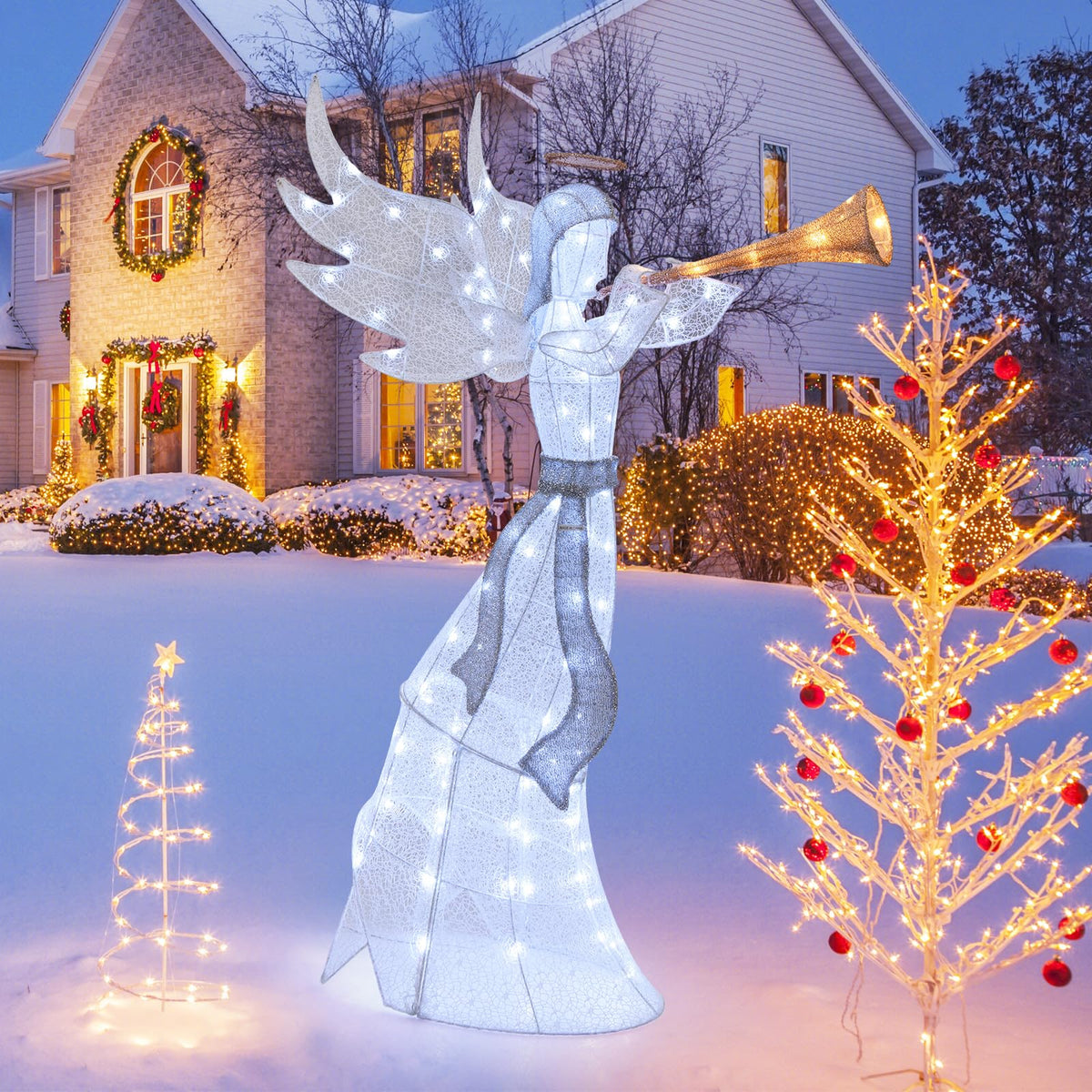 Lucktree 5 FT Lighted Trumpeting Angel, Light-up Christmas Angel with LED Lights