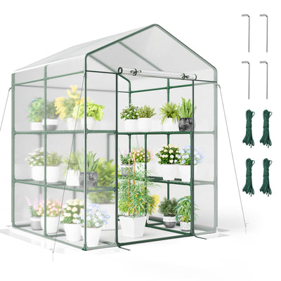Lucktree Walk-in Greenhouse w/ 3 Tiers 4 Shelves, 4 Ground Stakes & Ropes, PVC Cover