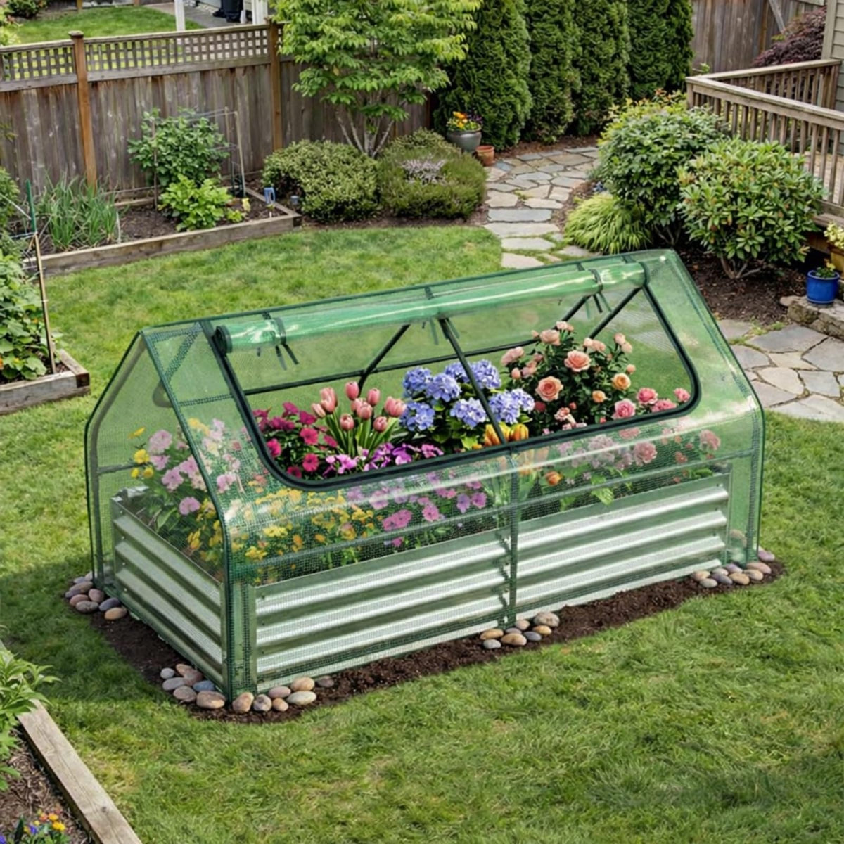 Lucktree 3-in-1 Metal Raised Garden Bed with Greenhouse Cover