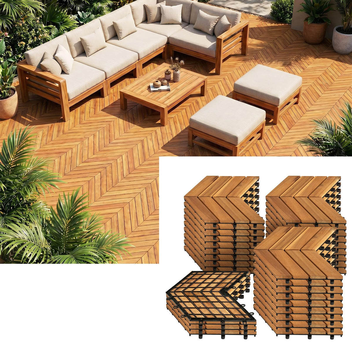 Lucktree 30 PCS Interlocking Patio Flooring Tiles with Drainage Base