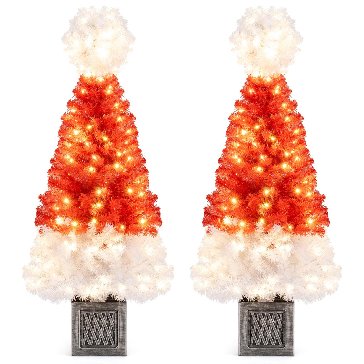 Lucktree 4 FT Pre-Lit Christmas Tree for Entrances, Artificial Potted Santa Hat Xmas Tree with 300 Branch Tips