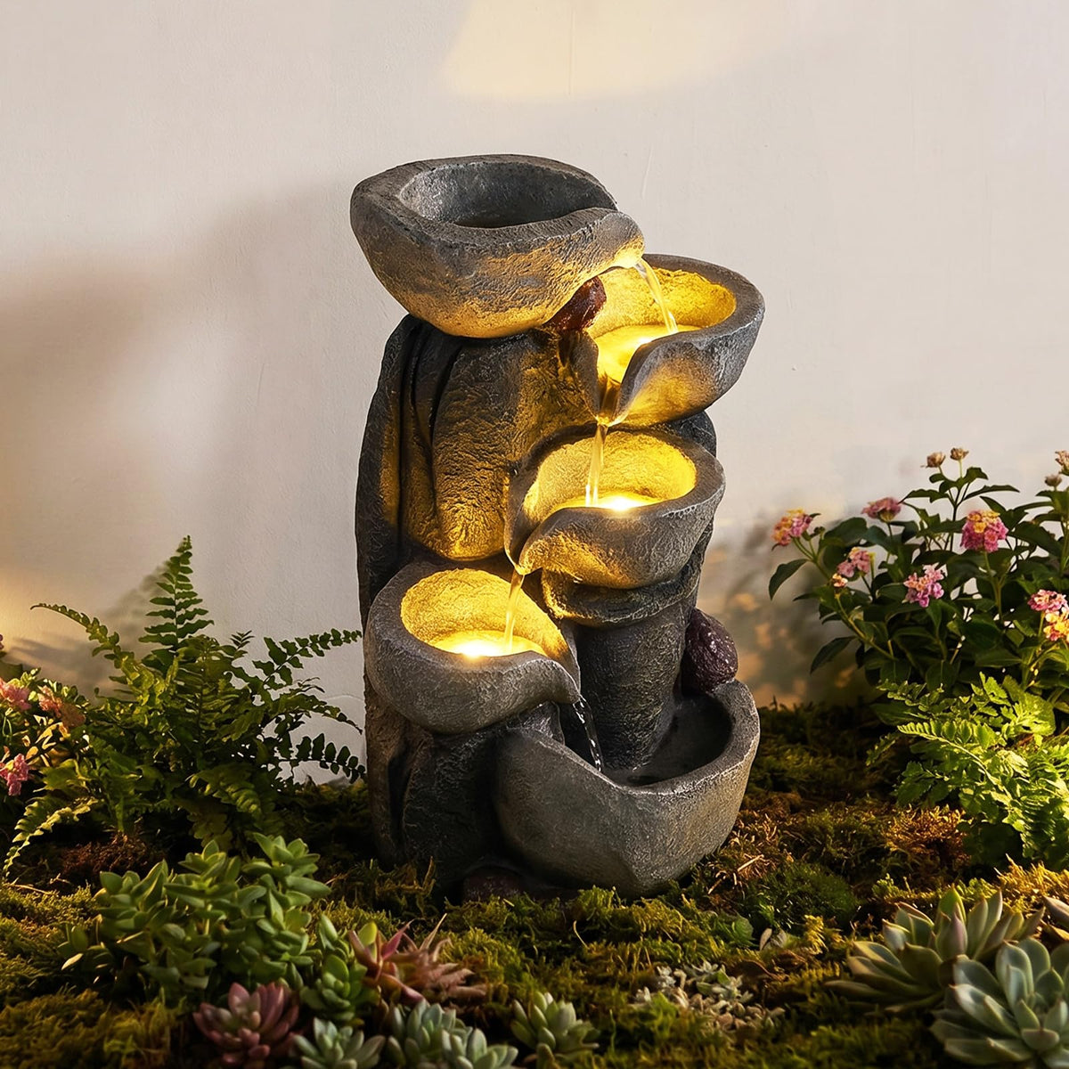 Lucktree 5-Tier Outdoor Water Fountain with Lights