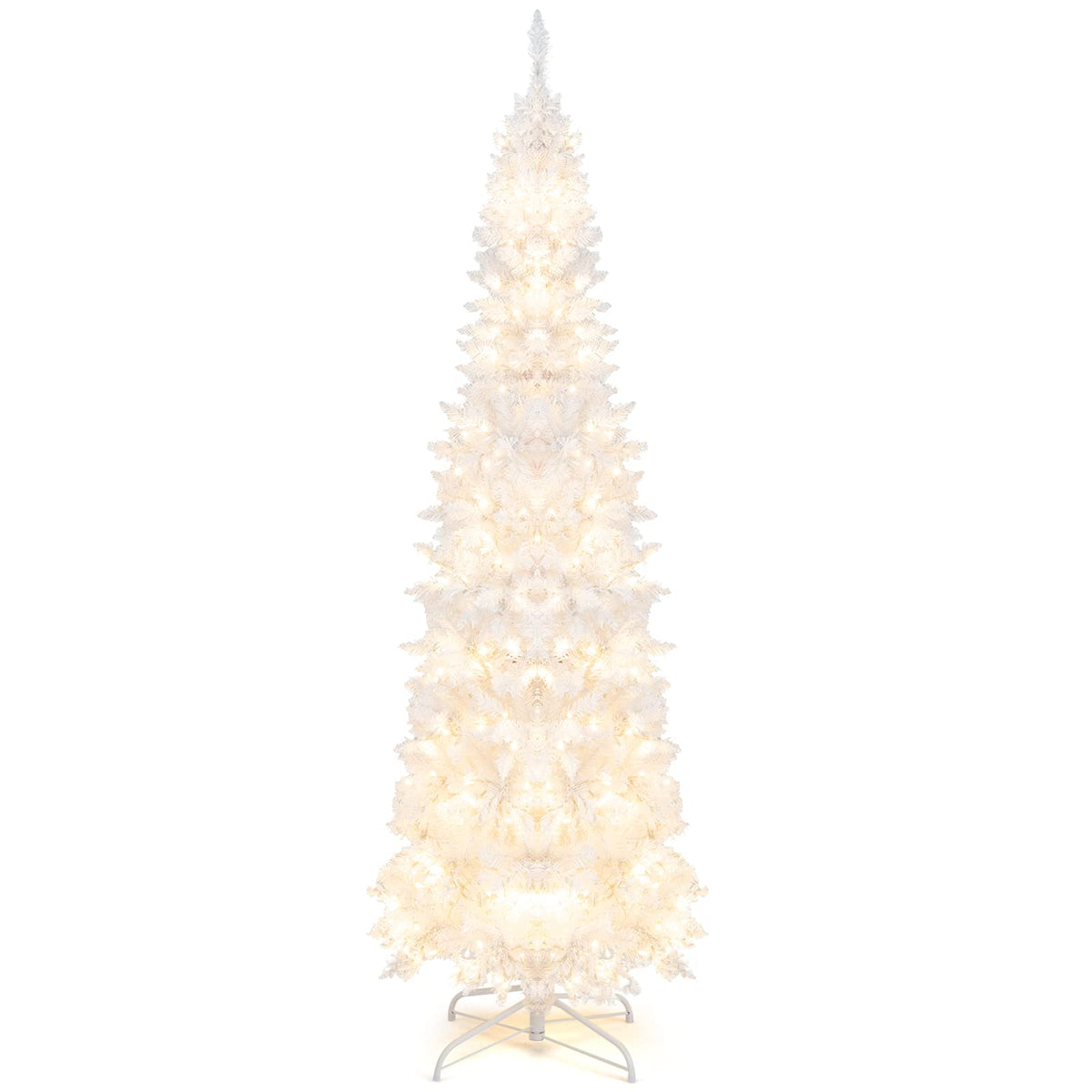 Lucktree 7ft White Pre-Lit Pencil Christmas Tree, Artificial Hinged Slim Tree with 800 Tips, 300 Warm White Lights - LucktreeUS