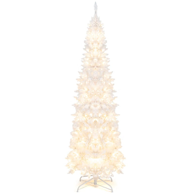 Lucktree 7ft White Pre-Lit Pencil Christmas Tree, Artificial Hinged Slim Tree with 800 Tips, 300 Warm White Lights - LucktreeUS