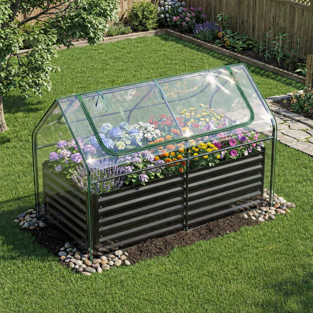 Lucktree 3-in-1 Metal Raised Garden Bed with Greenhouse Cover