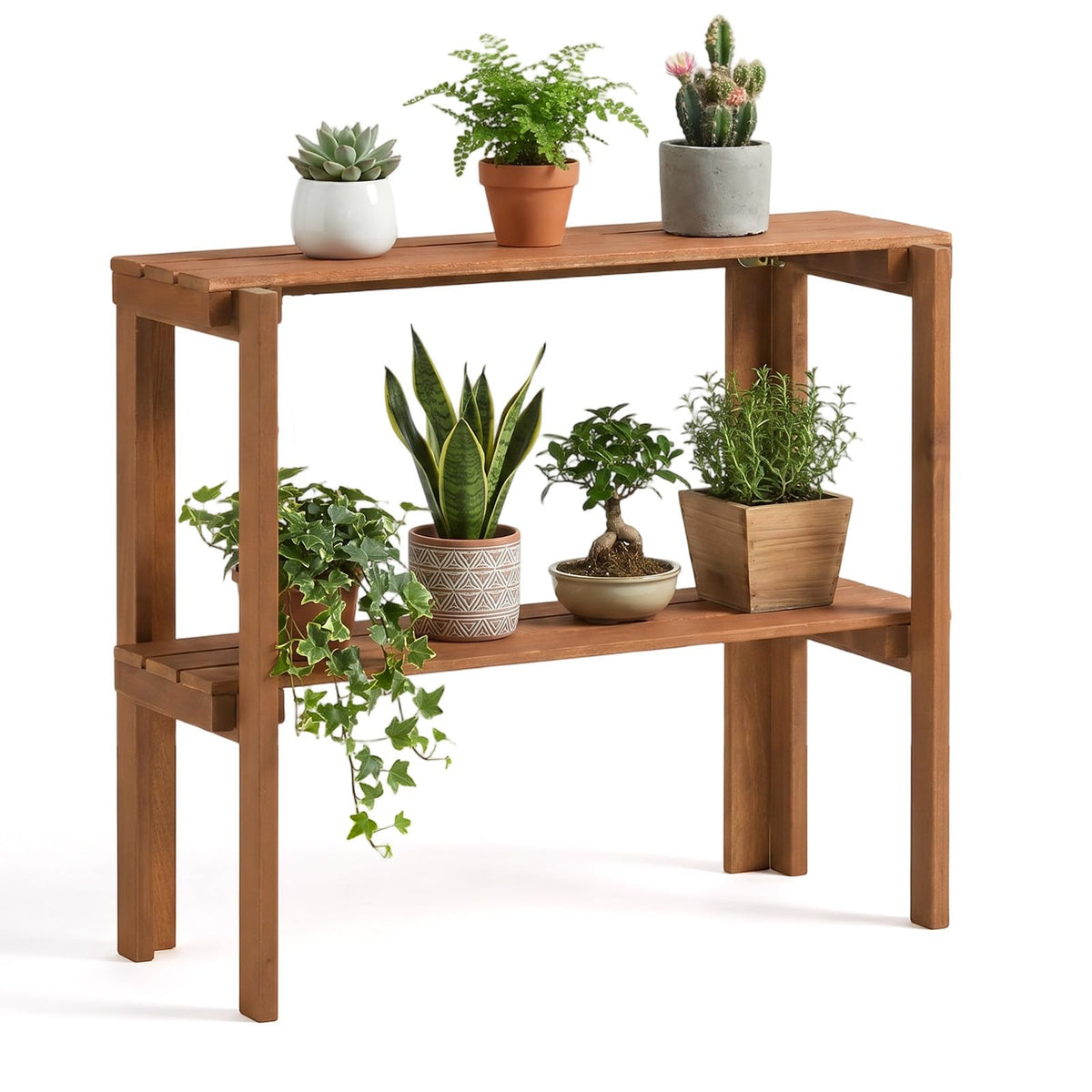 Lucktree 2-Tier Solid Wood Foldable Plant Shelf