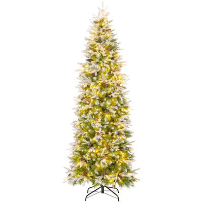 Lucktree 7.5 FT Pre-Lit Pencil Christmas Tree, Artificial Snow Flocked Hinged Fake Slim Xmas Tree with 350 Warm-White LED Lights