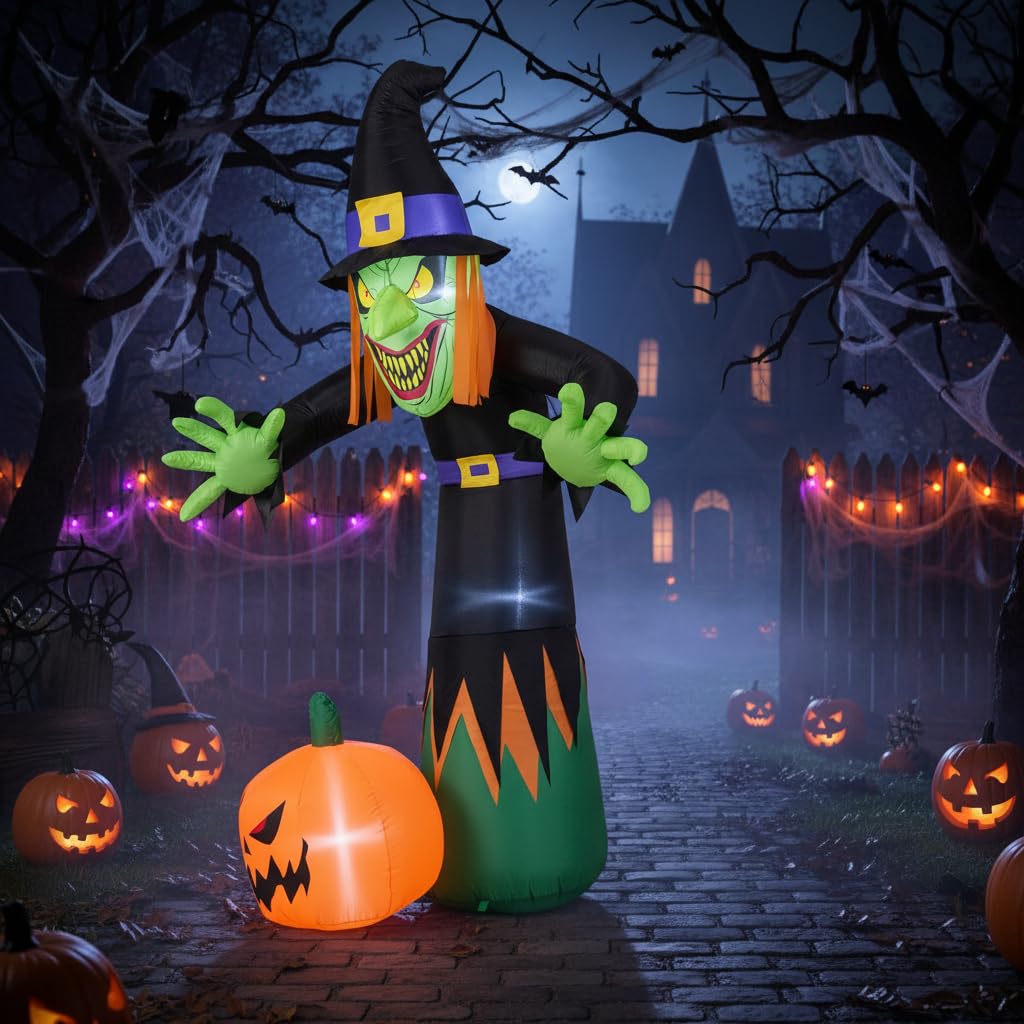 Lucktree 8 FT Halloween Inflatable Witch & Pumpkin with Built-in LED Lights