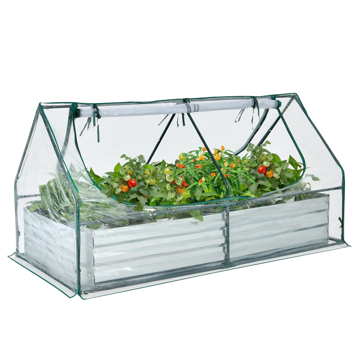 Lucktree Galvanized Steel Raised Garden Bed with Mini Greenhouse, Outdoor Metal Planter Box Kit with Large Roll-up PVC Cover