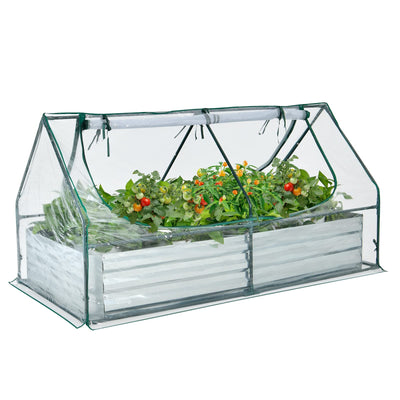 Lucktree Galvanized Steel Raised Garden Bed with Mini Greenhouse, Outdoor Metal Planter Box Kit with Large Roll-up PVC Cover