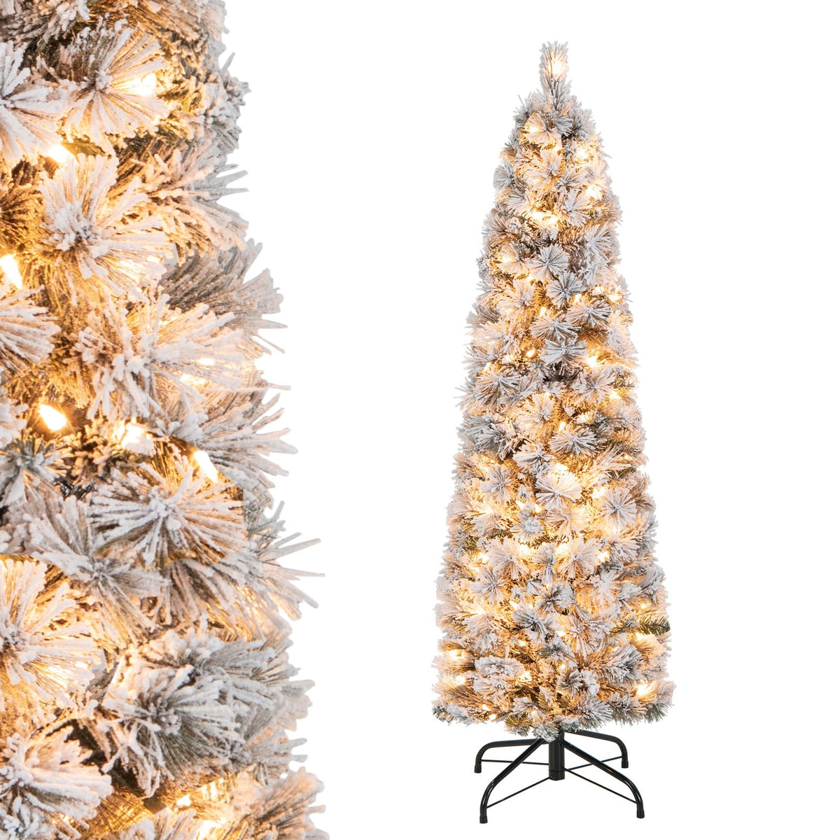 Lucktree Pre-Lit Snow Flocked Pencil Christmas Tree for Home Office Holiday Decor