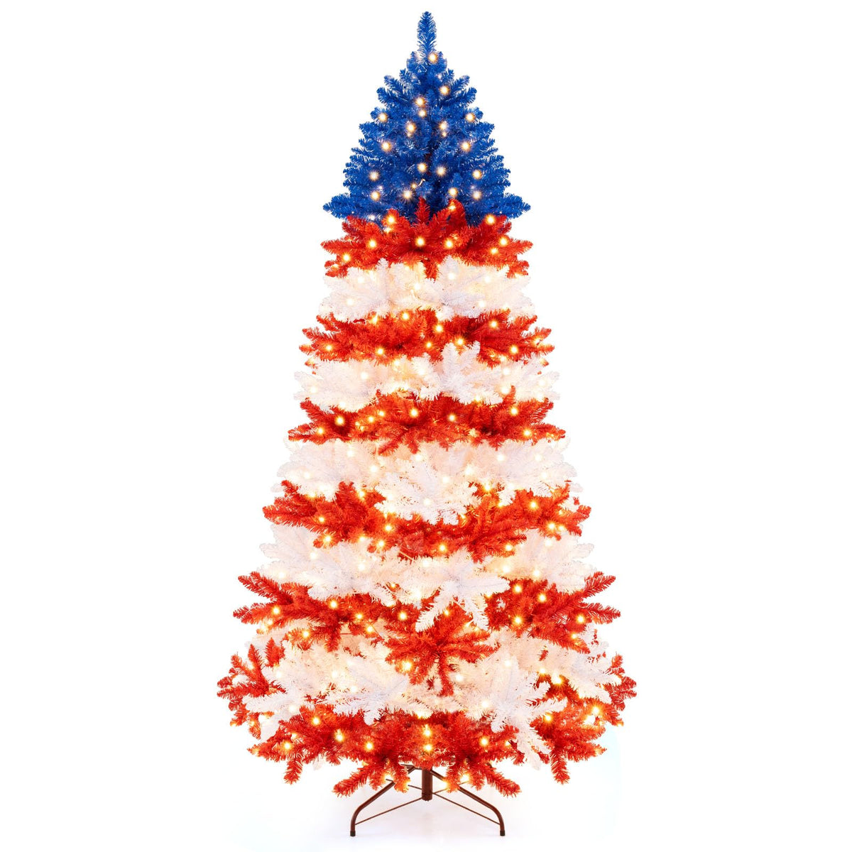 Lucktree 7.5 FT Pre-Lit Patriotic Artificial Christmas Tree, Flag-Themed Hinged Xmas Tree with 480 Warm White LED Lights