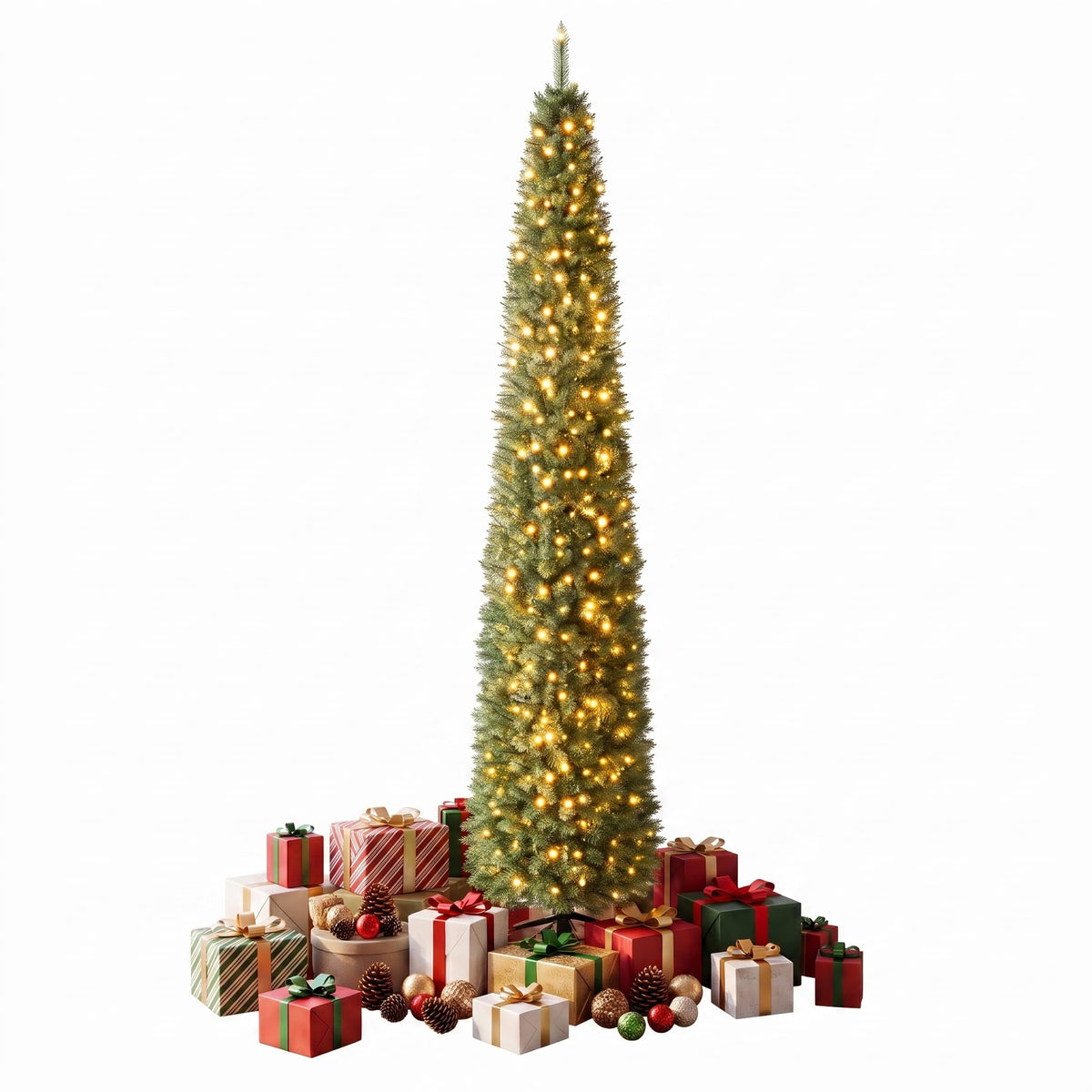 5ft/6ft/7ft/8ft/9ft/ Pre-Lit Pencil Christmas Tree, Slim Artificial Xmas Tree