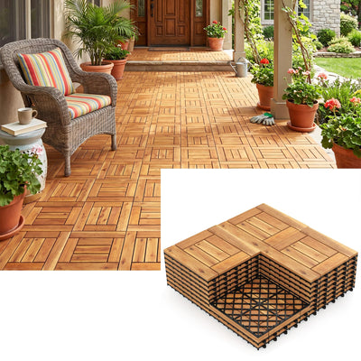 Lucktree 12" x 12" Acacia Wood Interlocking Patio Flooring Tiles with Drainage Base
