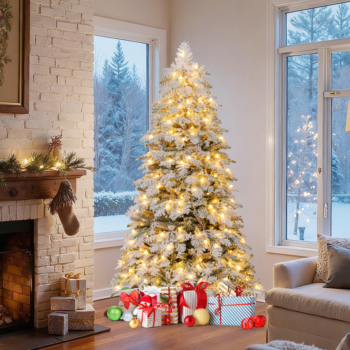 Lucktree Pre-Lit Snow Flocked Christmas Tree with Mixed Branch Tips & LED Lights