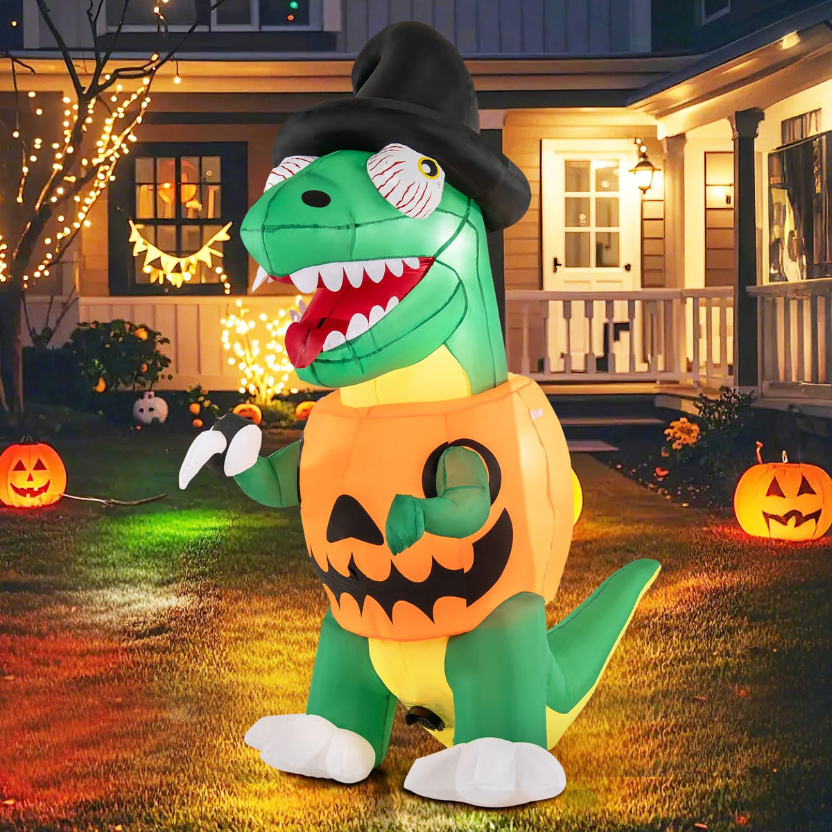 Lucktree 6 FT Inflatable Pumpkin Dinosaur, Blow up Yard Decoration with Built-in LED Lights & Witch Hat