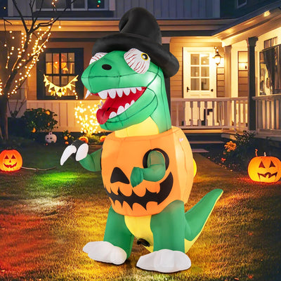 Lucktree 6 FT Inflatable Pumpkin Dinosaur, Blow up Yard Decoration with Built-in LED Lights & Witch Hat