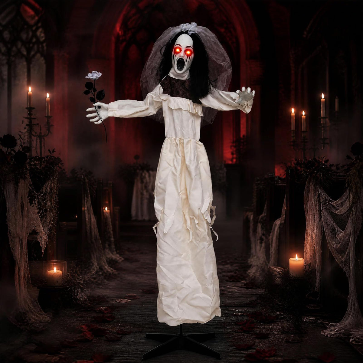 Lucktree 5.7 FT Halloween Standing Animatronics Ghost Bride with Flower