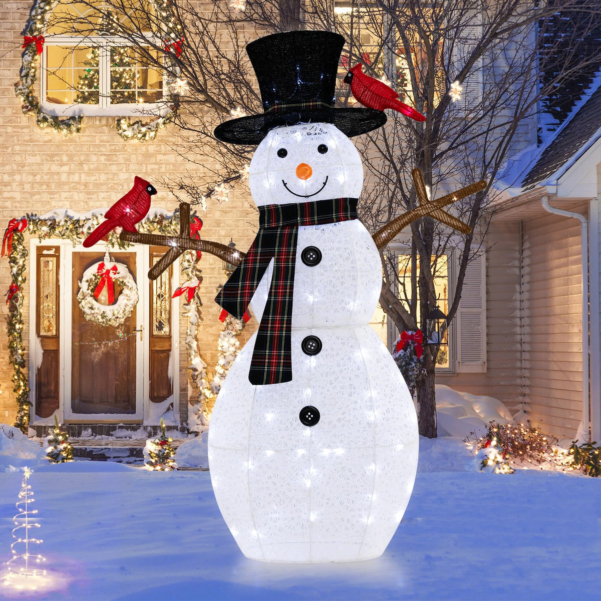 4.2 FT Lighted Christmas Snowman with Redbirds - Lucktree