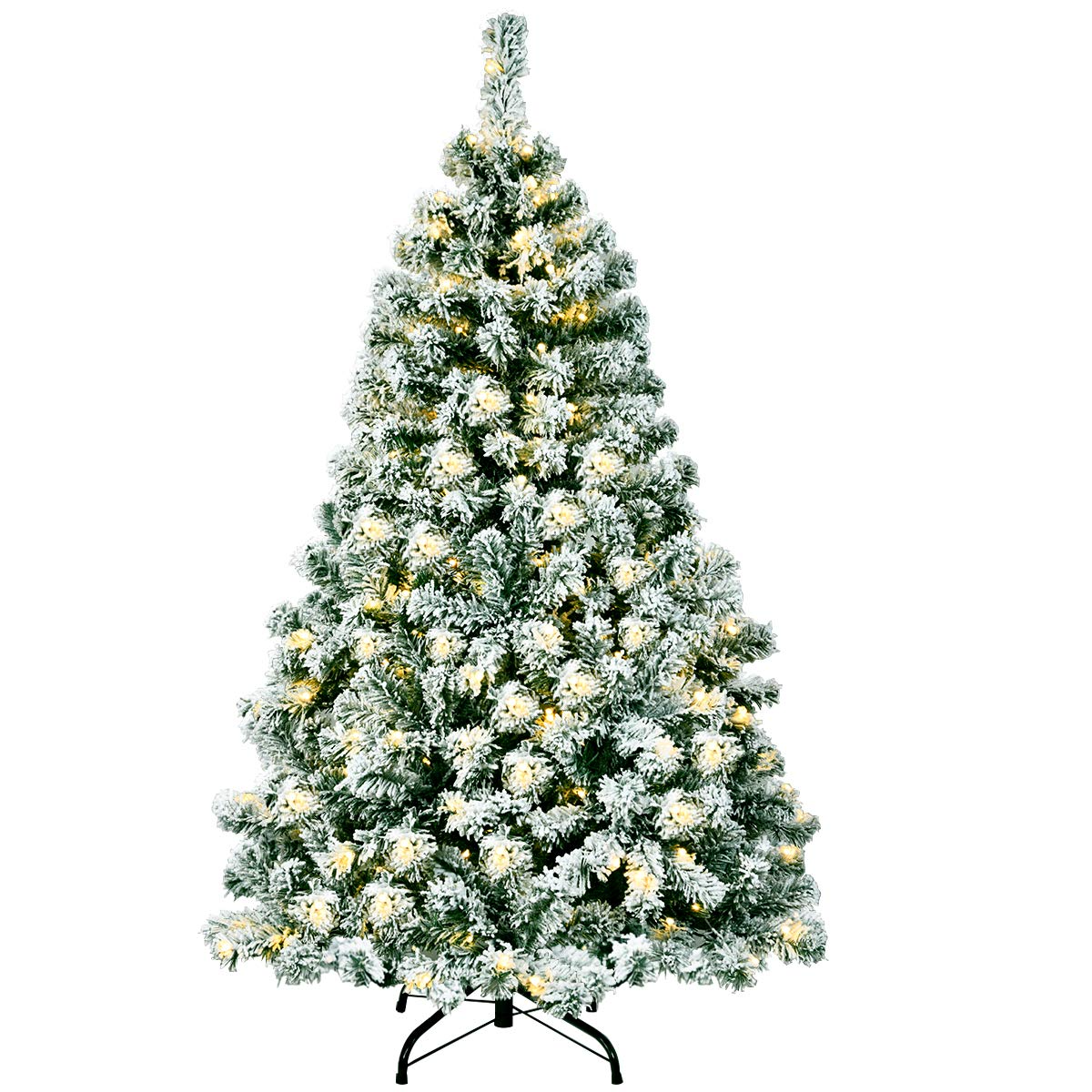 Lucktree 4.5ft / 6 ft / 7.5ft Artificial Snow Flocked Christmas Tree, Pre-Lit Snowy Hinged Xmas Tree with Led Lights and Metal Stand - LucktreeUS