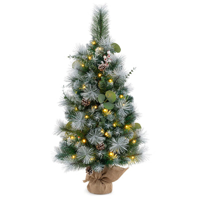 Lucktree 3ft Pre-Lit Mini Tabletop Christmas Tree with 30 Warm White LED Lights, Timer, 98 Flocked PVC & Pine Needles