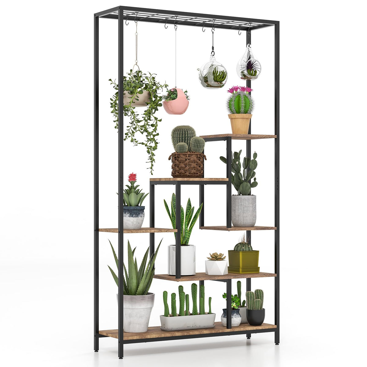 Lucktree 71" Tall Plant Stand Indoor, 6-Tier Metal Plant Shelf with 10 Hanging Hooks